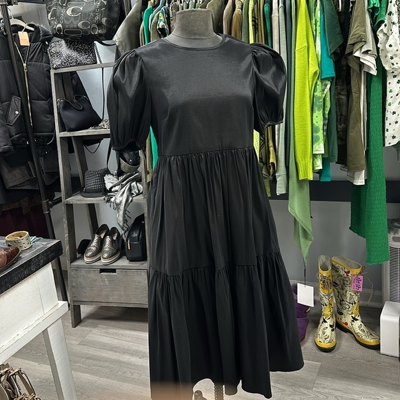 LIKELY Puff Sleeve Elegant Black Midi Dress Size 10 - Picture 4 of 8